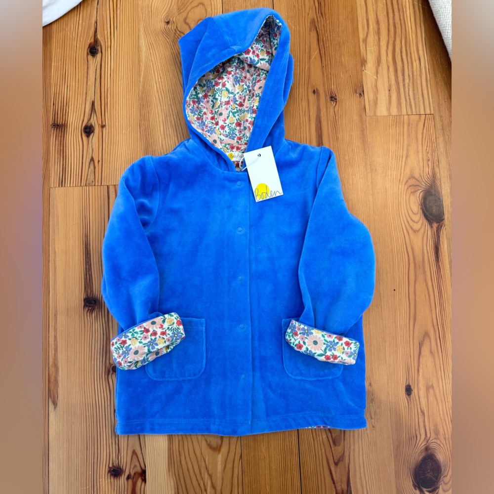 BNWT. Boden Velvet Blue Hooded Jacket with Floral Lining | 2-3Y